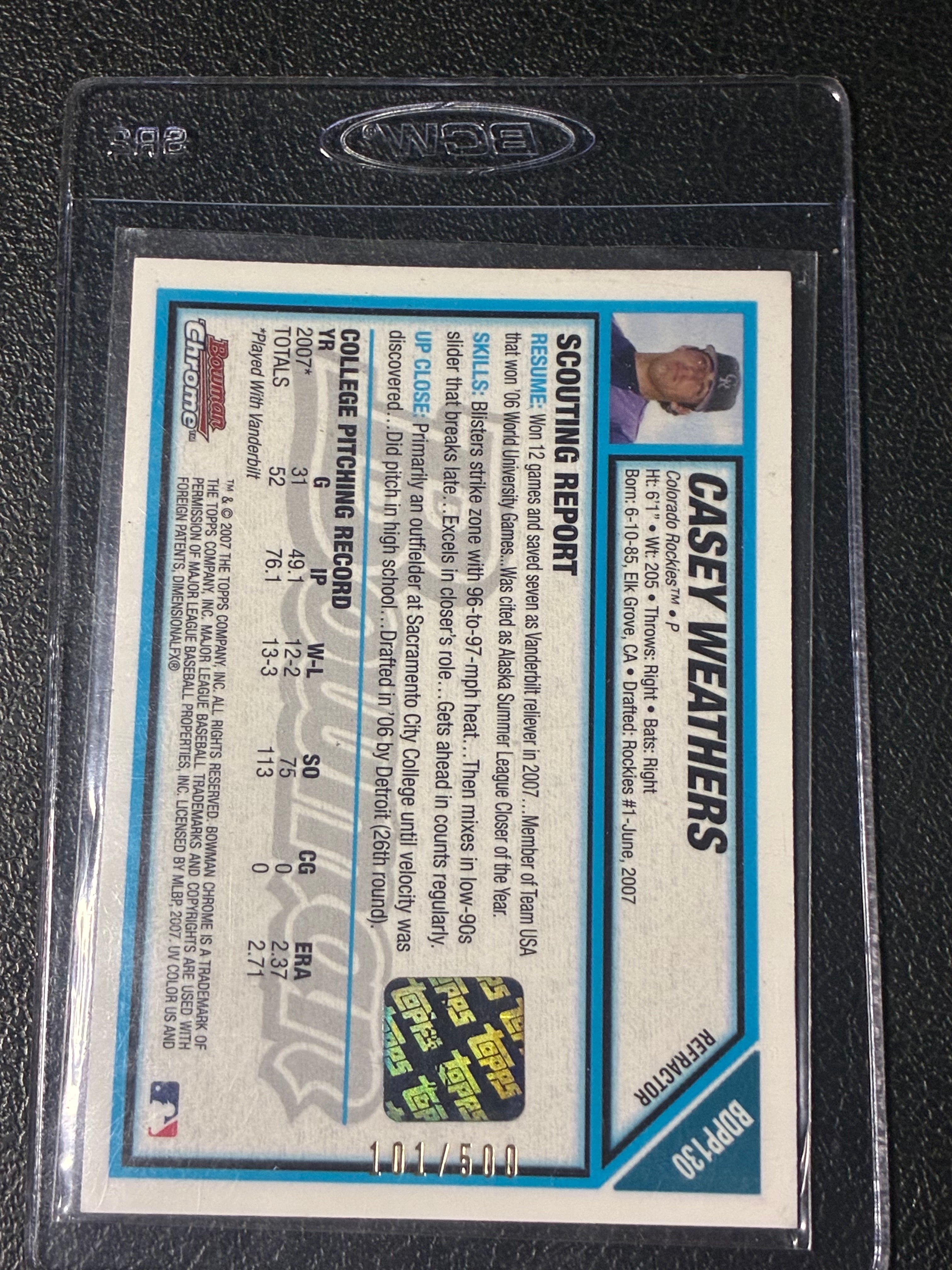 2007 Topps 1st Bowman Chrome Casey Weathers Autograph Refractor /500 #BDPP130🔥